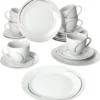 Van Well 18tlg. Kaffee-Service Home Für 6 Personen I 6x Tasse 180ml, 6x Untertasse + 6x Kuchenteller I Porzellan-Geschirr Mit Streifen In Grau, Schwarz & Creme I Kaffeepott, Dessert-Teller