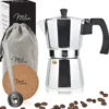 Milu Espressokocher (No Induktion) | 2, 3, 6, 9 Tassen | Aluminium Mokkakanne, Espressokanne, Espresso Maker Set Inkl. Untersetzer, Löffel, Bürste (Aluminium, 4 Tassen (300ml)