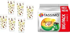 Tassimo Kapseln Morning Café Filter XL, 21er Big Pack 163.8 G Plus 6 Gläser 350ml…
