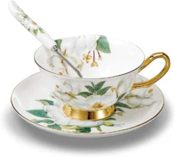 Panbado Floral Kaffeetassen Aus Premium Bone China Porzellan, Beinhaltet 1 Tassen 200 Ml, 1 Untertassen, Und 1 Löffel