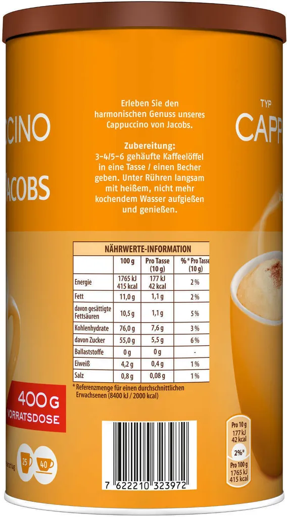 JACOBS Typ Cappuccino 6 Dosen 6 X 400 G 4 JACOBS Typ Cappuccino 6 Dosen 6 X 400 G – Bild 4