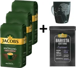 JACOBS Kaffeebohnen Krönung Crema Kräftig 3 Kg Geröstete Ganze Bohnen + 1 Jacobs Barista Becher + 1 Dose
