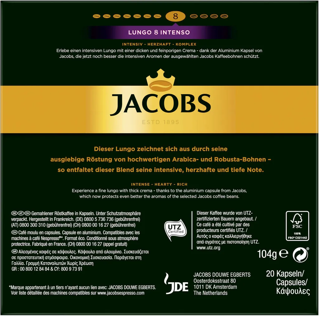 Jacobs Lungo 8 Intenso, Kaffeekapseln, Nespresso Kompatibel, Kaffee, 200 Kapseln, á 5.2 G 4 Jacobs Lungo 8 Intenso, Kaffeekapseln, Nespresso Kompatibel, Kaffee, 200 Kapseln, á 5.2 G – Bild 4