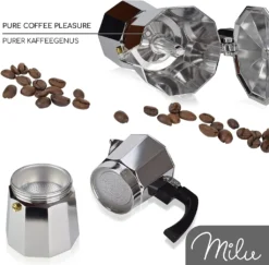 Milu Espressokocher (No Induktion) | 2, 3, 6, 9 Tassen | Aluminium Mokkakanne, Espressokanne, Espresso Maker Set Inkl. Untersetzer, Löffel, Bürste (Aluminium, 4 Tassen (300ml) -Kaffeegenuss Verkaufsgeschäft 463a2ffb24bc2924b4d03050d7b07e61