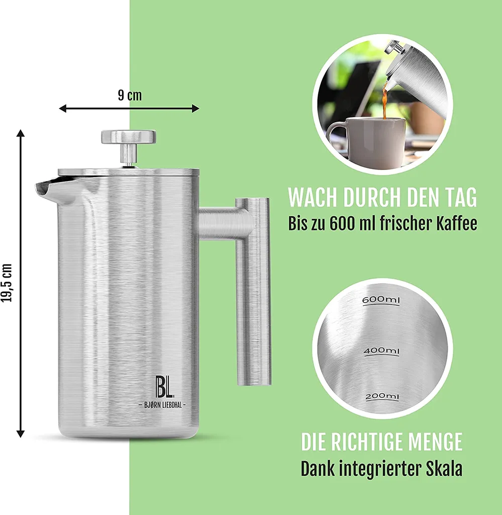 Bjørn Liebdhal French Press Edelstahl Kaffeemaschine Auch Für Camping : 0.6 Liter 5 Bjørn Liebdhal French Press Edelstahl Kaffeemaschine Auch Für Camping : 0.6 Liter – Bild 5