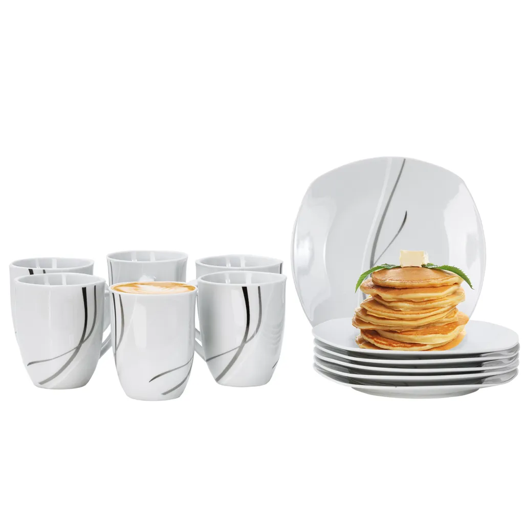 Van Well Frühstücksservice Silver Night, 12tlg 6 Personen, 6 Kaffeebecher + 6 Teller, Linien-Dekor 1 Van Well Frühstücksservice Silver Night, 12tlg 6 Personen, 6 Kaffeebecher + 6 Teller, Linien-Dekor