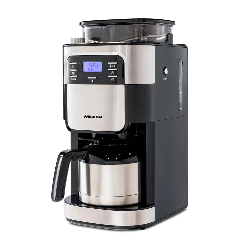 MEDION Kaffeemaschine Mit Mahlwerk Und Thermoskanne (Timer, 1 Liter, 900 Watt, Kaffeebohnenmahlwerk, 8 Mahlstufen, LED Display, Tropf Stopp, Isolierkanne, MD19777) 1 MEDION Kaffeemaschine Mit Mahlwerk Und Thermoskanne (Timer, 1 Liter, 900 Watt, Kaffeebohnenmahlwerk, 8 Mahlstufen, LED Display, Tropf Stopp, Isolierkanne, MD19777)