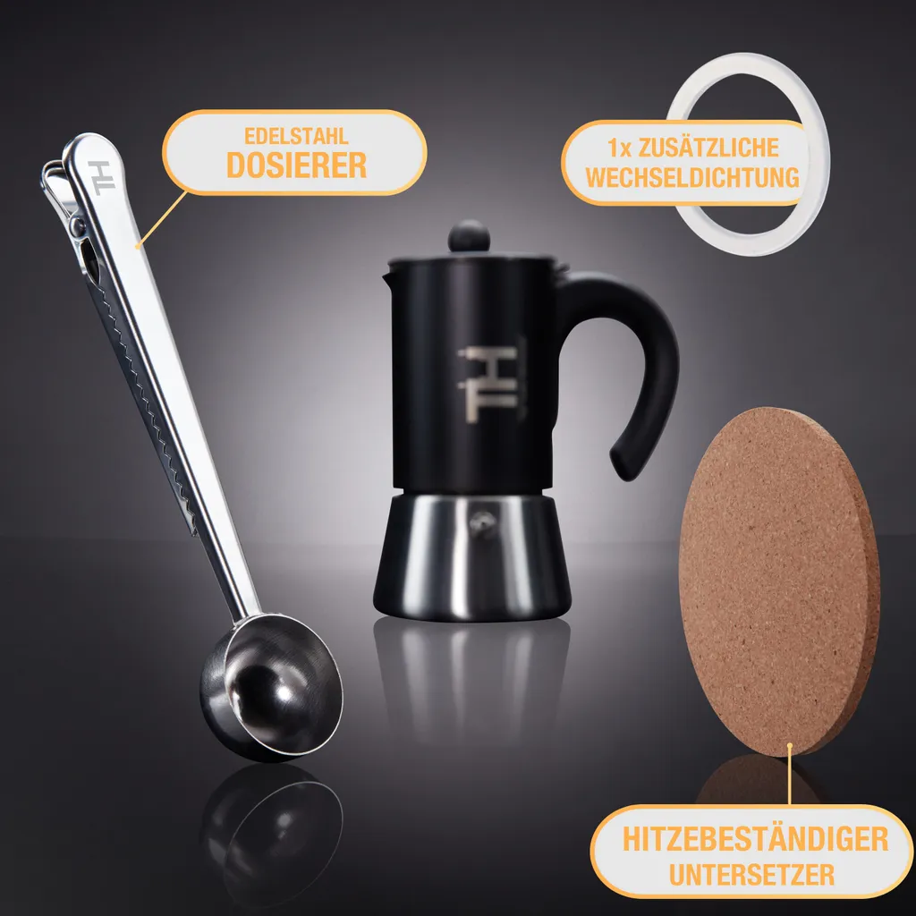 Thiru Espressokocher Induktion L Premium Mokkakanne Aus Edelstahl Inkl. Toolset (Silber, 4 Tassen (200ml)) 6 Thiru Espressokocher Induktion L Premium Mokkakanne Aus Edelstahl Inkl. Toolset (Silber, 4 Tassen (200ml)) – Bild 6