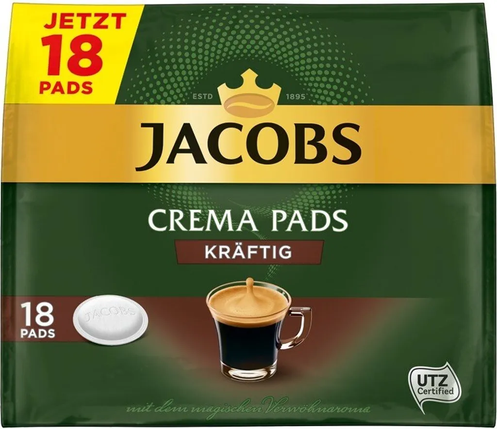 Jacobs Crema Pads Kräftig | 18 Senseo Kompatible Kaffeepads, 118 G 1 Jacobs Crema Pads Kräftig | 18 Senseo Kompatible Kaffeepads, 118 G