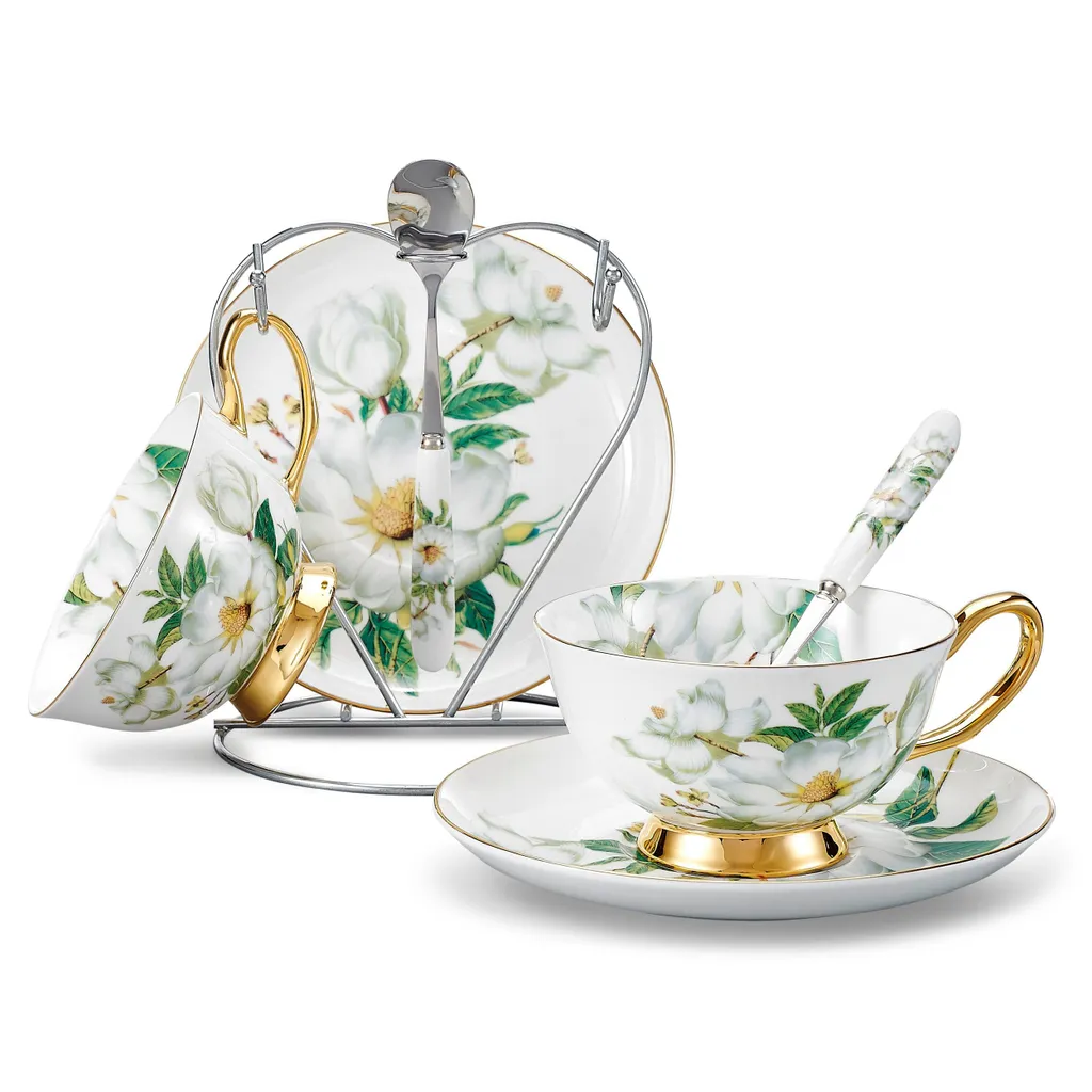 Panbado Kaffeeservice Set Aus Premium Bone China Porzellan, Beinhaltet 2 Kaffeetassen, 2 Untertassen, 2 Löffel, 1-tlg Metallständer 1 Panbado Kaffeeservice Set Aus Premium Bone China Porzellan, Beinhaltet 2 Kaffeetassen, 2 Untertassen, 2 Löffel, 1-tlg Metallständer