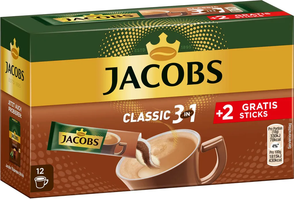 JACOBS Löskaffee 3in1 Classic Löslicher Kaffee 12 X 10+2 Sticks Instantkaffee 2 JACOBS Löskaffee 3in1 Classic Löslicher Kaffee 12 X 10+2 Sticks Instantkaffee – Bild 2