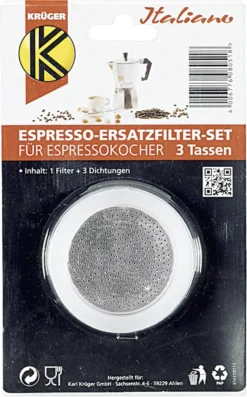 Krüger 504-S Espresso Ersatzfilter-Set Für Espressokocher Für 3 Tassen, Silber/weiß, 4-teilig (1 Set)
