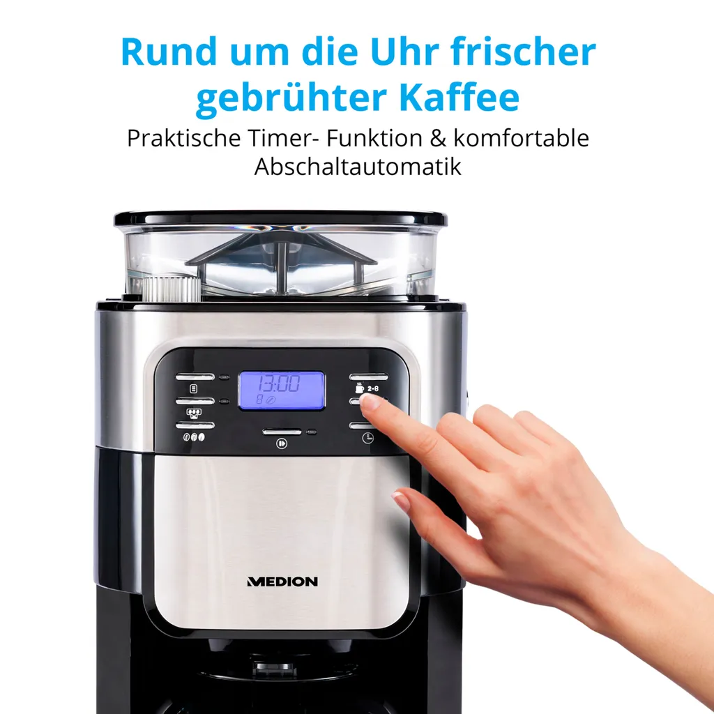 MEDION Kaffeemaschine Mit Mahlwerk Und Thermoskanne (Timer, 1 Liter, 900 Watt, Kaffeebohnenmahlwerk, 8 Mahlstufen, LED Display, Tropf Stopp, Isolierkanne, MD19777) 6 MEDION Kaffeemaschine Mit Mahlwerk Und Thermoskanne (Timer, 1 Liter, 900 Watt, Kaffeebohnenmahlwerk, 8 Mahlstufen, LED Display, Tropf Stopp, Isolierkanne, MD19777) – Bild 6