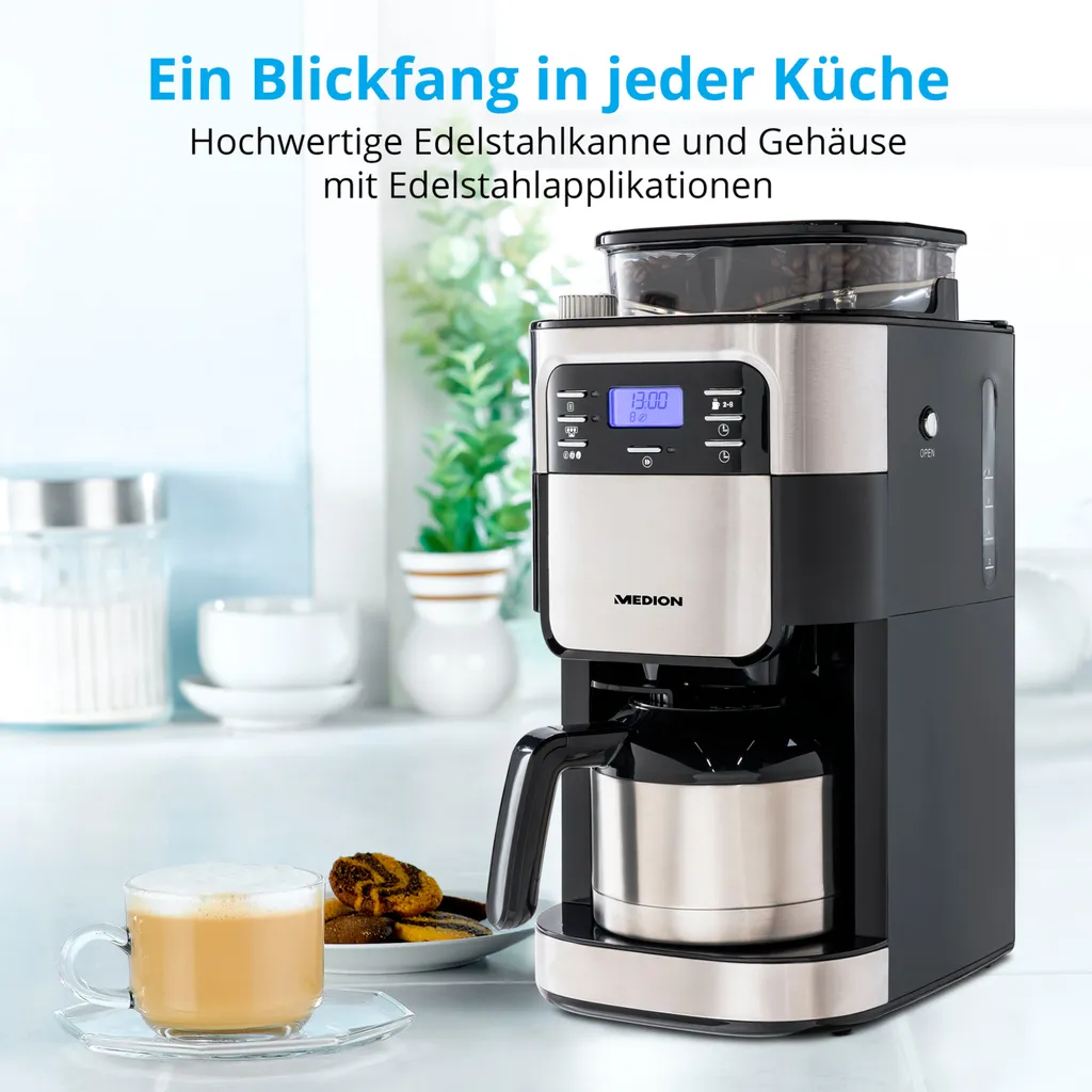 MEDION Kaffeemaschine Mit Mahlwerk Und Thermoskanne (Timer, 1 Liter, 900 Watt, Kaffeebohnenmahlwerk, 8 Mahlstufen, LED Display, Tropf Stopp, Isolierkanne, MD19777) 2 MEDION Kaffeemaschine Mit Mahlwerk Und Thermoskanne (Timer, 1 Liter, 900 Watt, Kaffeebohnenmahlwerk, 8 Mahlstufen, LED Display, Tropf Stopp, Isolierkanne, MD19777) – Bild 2