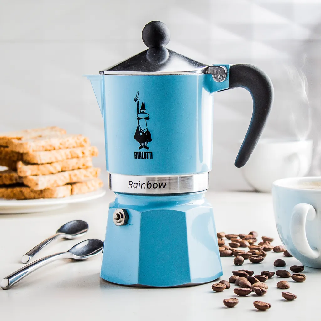 Bialetti Rainbow, Italienische Espresso-Kaffeemaschine, Aluminium, 3 Tassen, Blau 4 Bialetti Rainbow, Italienische Espresso-Kaffeemaschine, Aluminium, 3 Tassen, Blau – Bild 4