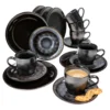 18tlg. Kaffeeservice Reactive Glaze Grey Black Steingut Teller Tasse Schwarz