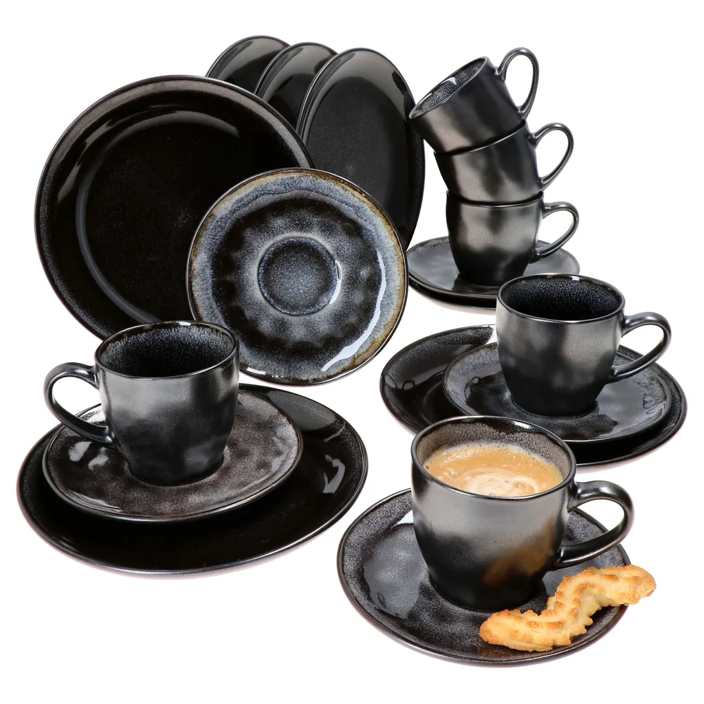 18tlg. Kaffeeservice Reactive Glaze Grey Black Steingut Teller Tasse Schwarz 1 18tlg. Kaffeeservice Reactive Glaze Grey Black Steingut Teller Tasse Schwarz
