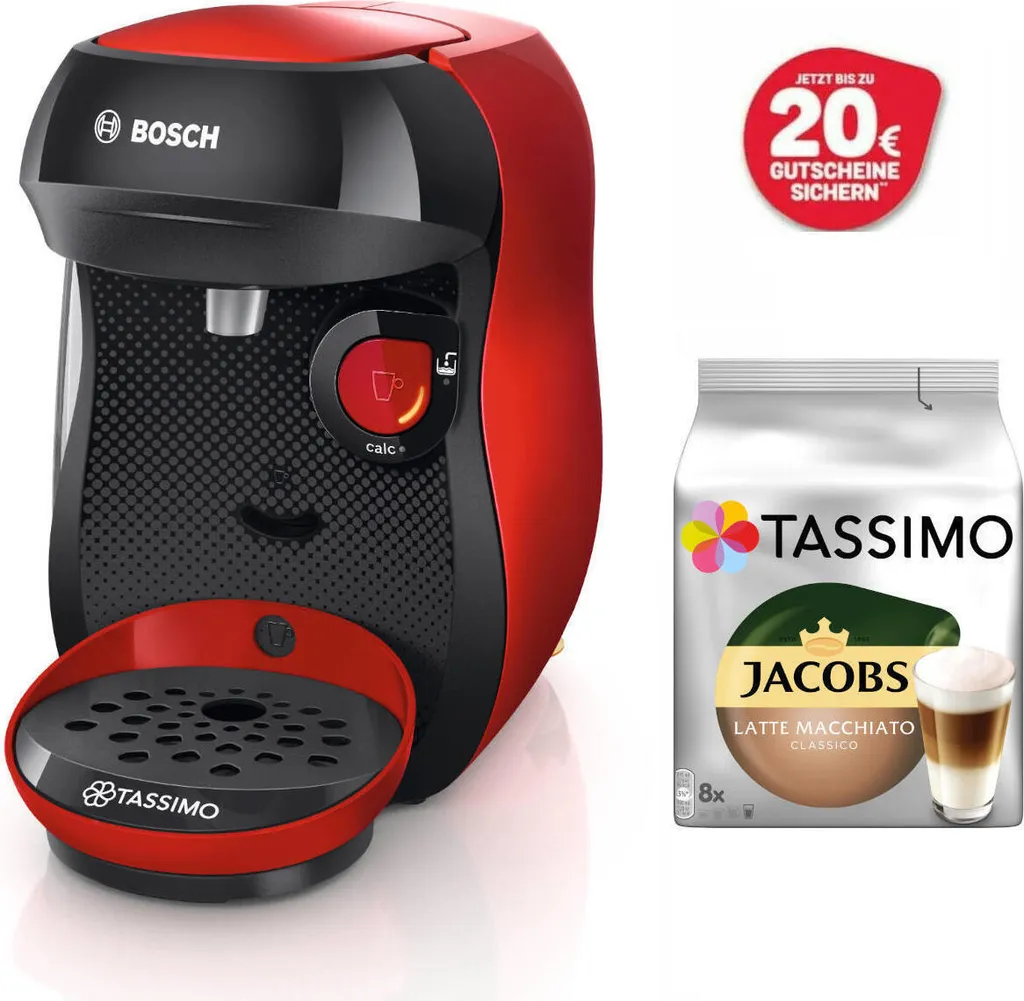 Bosch TASSIMO HAPPY Just Red +20€ Gutschein 1400 Watt +1 Packung Latte Macchiato 1 Bosch TASSIMO HAPPY Just Red +20€ Gutschein 1400 Watt +1 Packung Latte Macchiato