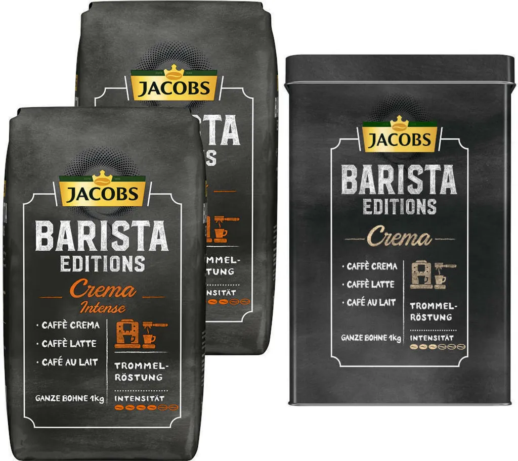 JACOBS Kaffeebohnen Barista Editions Crema Intense 2 X 1kg Ganze Bohnen + 1 Aluminiumdose Im Barista Design 1 JACOBS Kaffeebohnen Barista Editions Crema Intense 2 X 1kg Ganze Bohnen + 1 Aluminiumdose Im Barista Design