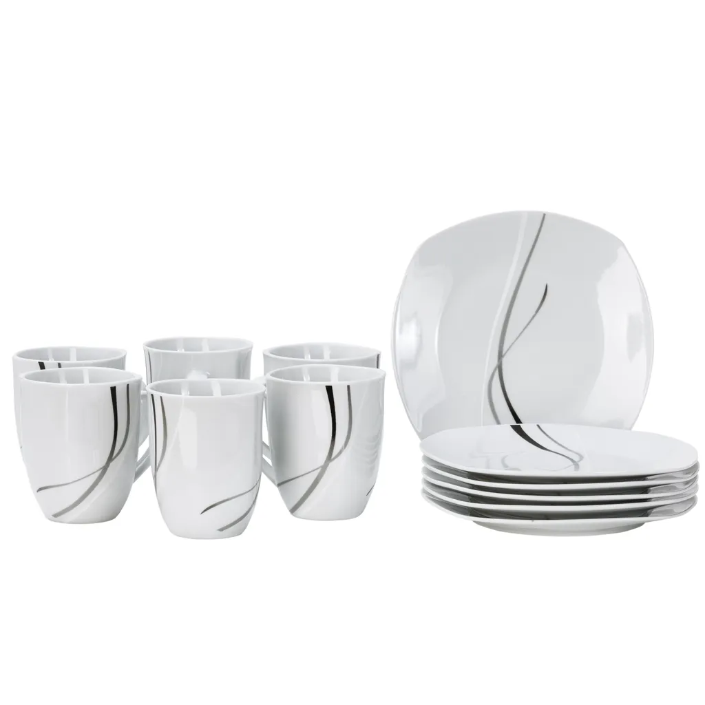 Van Well Frühstücksservice Silver Night, 12tlg 6 Personen, 6 Kaffeebecher + 6 Teller, Linien-Dekor 2 Van Well Frühstücksservice Silver Night, 12tlg 6 Personen, 6 Kaffeebecher + 6 Teller, Linien-Dekor – Bild 2